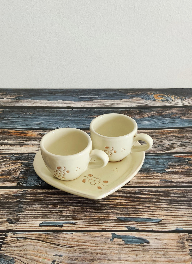 SET caffè cuore in ceramica - decoro Fiori Incisi - Lacapasa.com